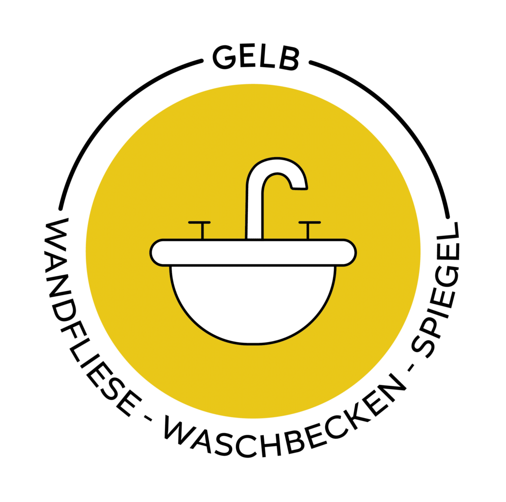 Gelb - Wandfliesen, Waschbecken und Spiegel